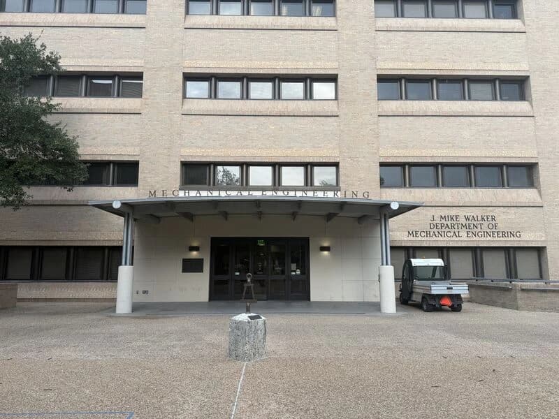 Entrance of the J. Mike Walker Department of Mechanical Engineering building at UT Austin